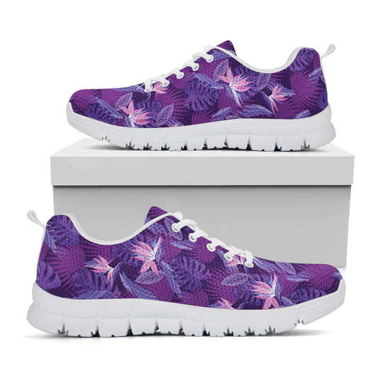 Dark Purple Hawaiian Tropical Print White Sneakers
