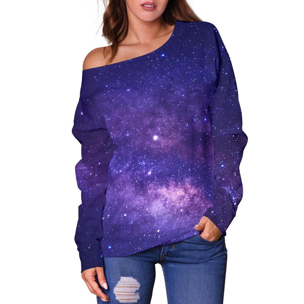 Dark Purple Milky Way Galaxy Space Print Off Shoulder Sweatshirt GearFrost