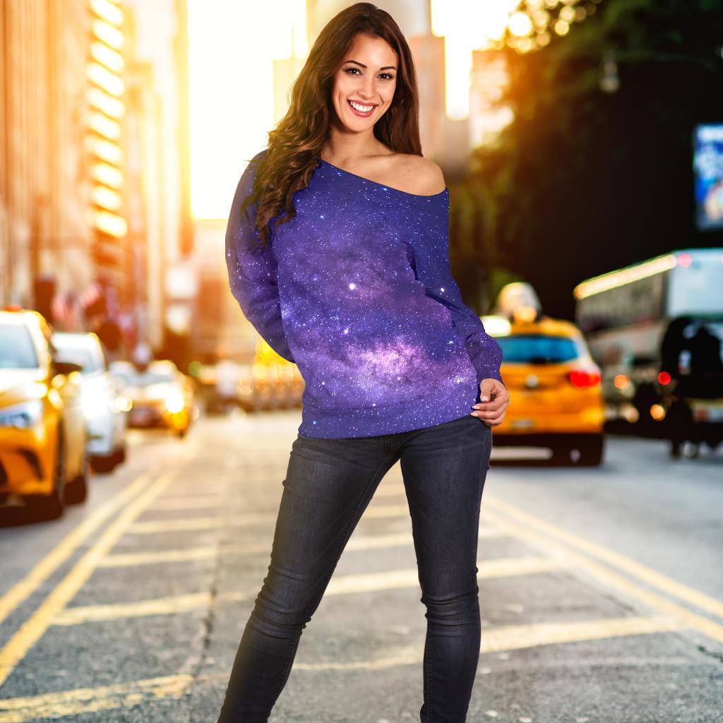 Dark Purple Milky Way Galaxy Space Print Off Shoulder Sweatshirt GearFrost