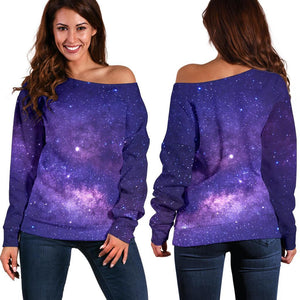 Dark Purple Milky Way Galaxy Space Print Off Shoulder Sweatshirt GearFrost