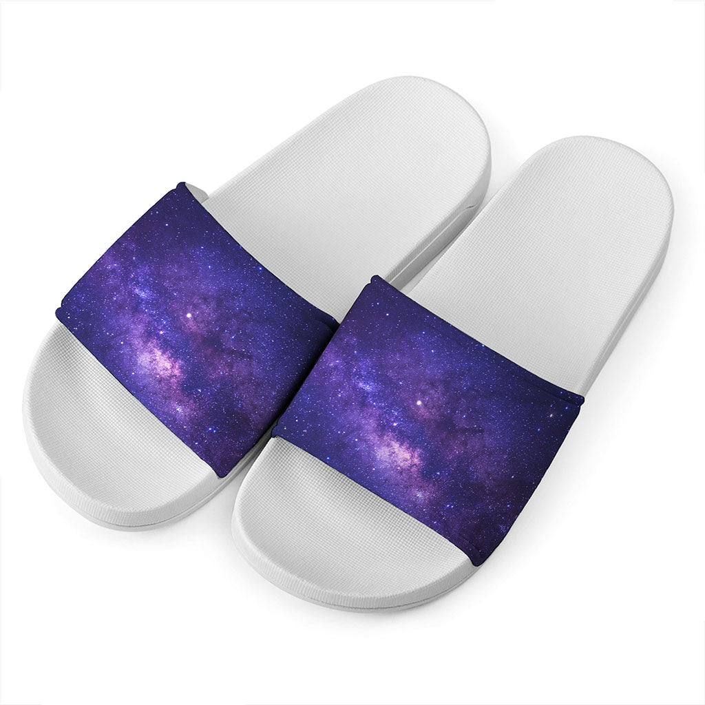 Dark Purple Milky Way Galaxy Space Print White Slide Sandals