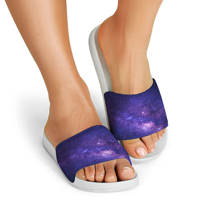 Dark Purple Milky Way Galaxy Space Print White Slide Sandals