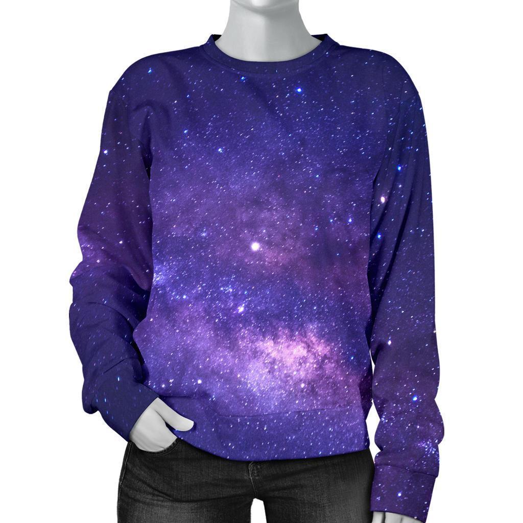 Dark Purple Milky Way Galaxy Space Print Women's Crewneck Sweatshirt GearFrost