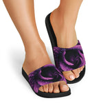 Dark Purple Rose Print Black Slide Sandals
