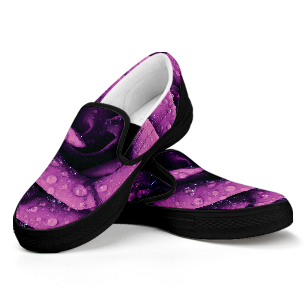 Dark Purple Rose Print Black Slip On Shoes