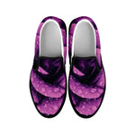 Dark Purple Rose Print Black Slip On Shoes
