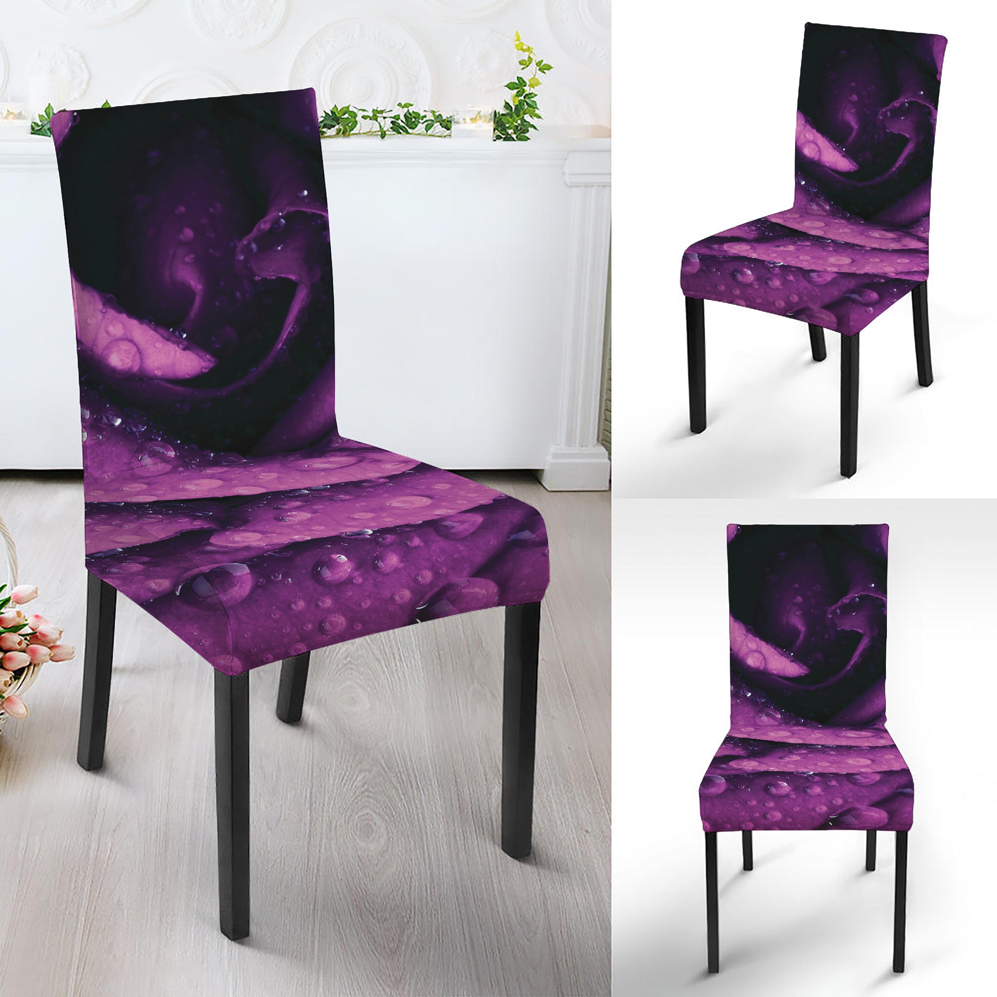 Dark Purple Rose Print Dining Chair Slipcover