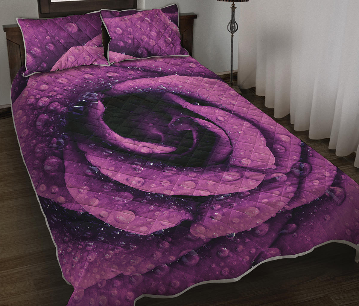 Dark Purple Rose Print Quilt Bed Set