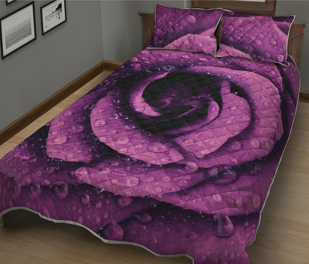 Dark Purple Rose Print Quilt Bed Set