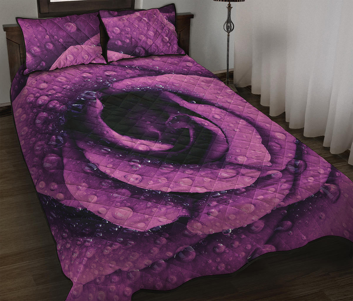 Dark Purple Rose Print Quilt Bed Set