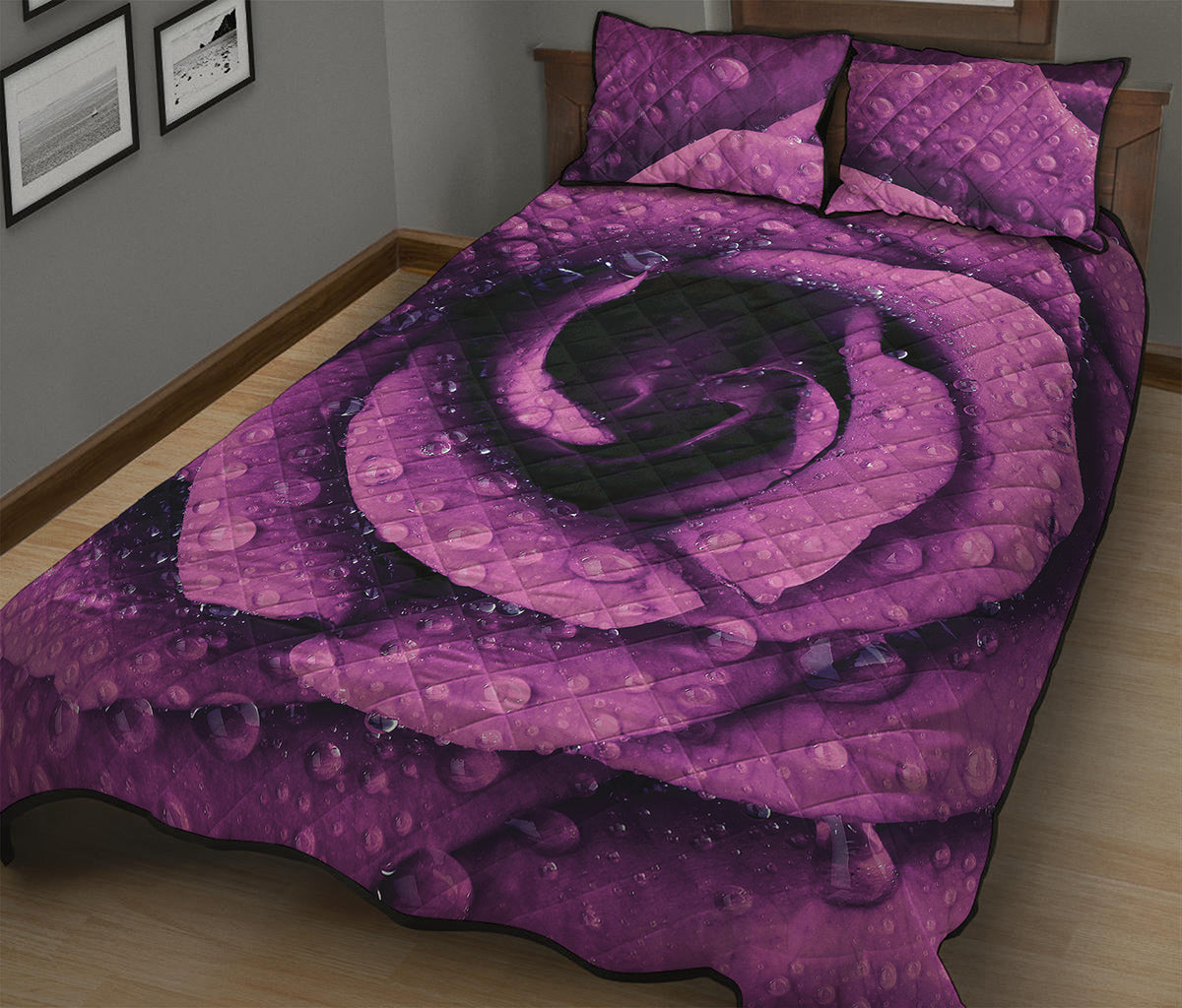 Dark Purple Rose Print Quilt Bed Set