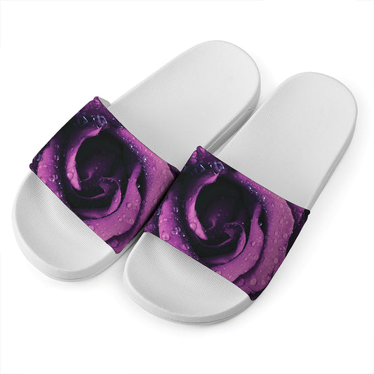 Dark Purple Rose Print White Slide Sandals