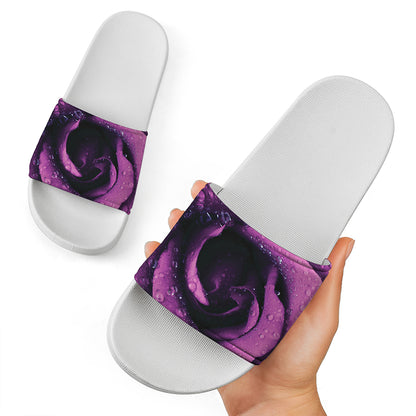 Dark Purple Rose Print White Slide Sandals