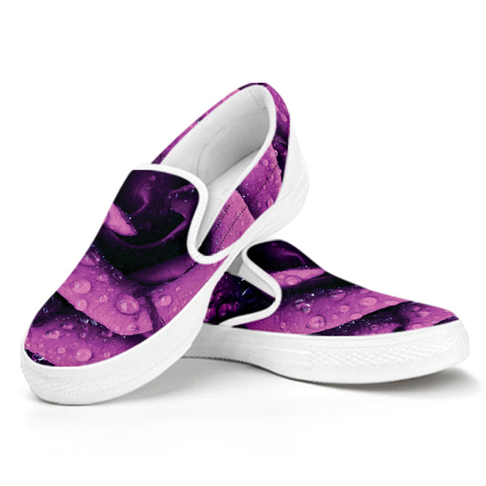 Dark Purple Rose Print White Slip On Shoes