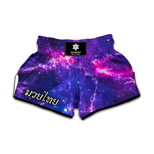 Dark Purple Universe Galaxy Space Print Muay Thai Boxing Shorts