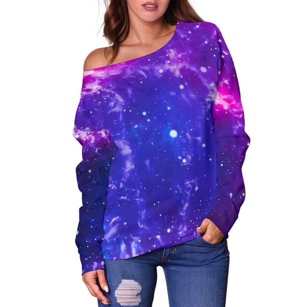 Dark Purple Universe Galaxy Space Print Off Shoulder Sweatshirt GearFrost