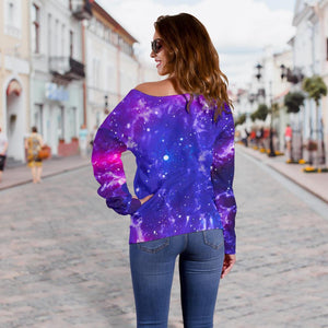 Dark Purple Universe Galaxy Space Print Off Shoulder Sweatshirt GearFrost