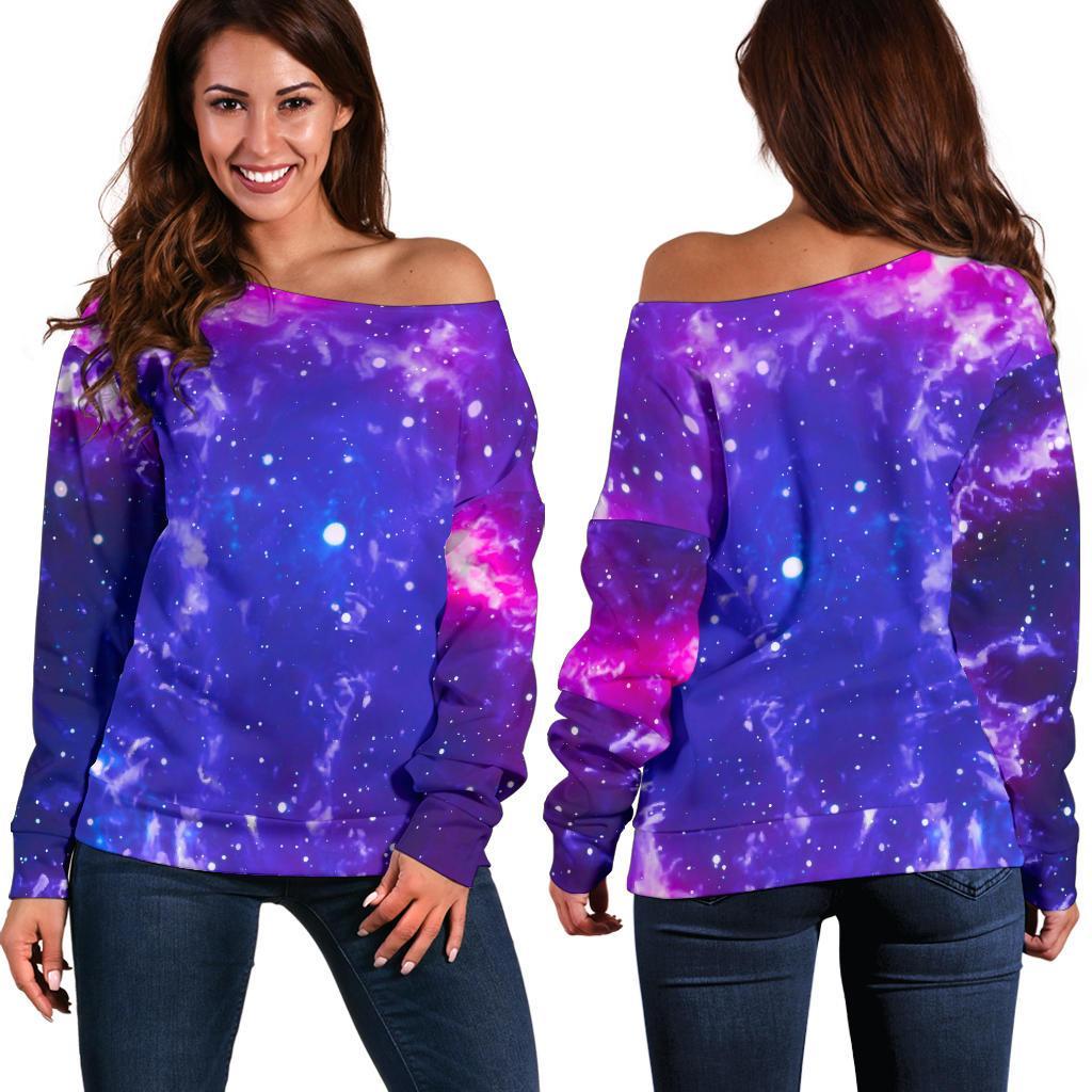 Dark Purple Universe Galaxy Space Print Off Shoulder Sweatshirt GearFrost