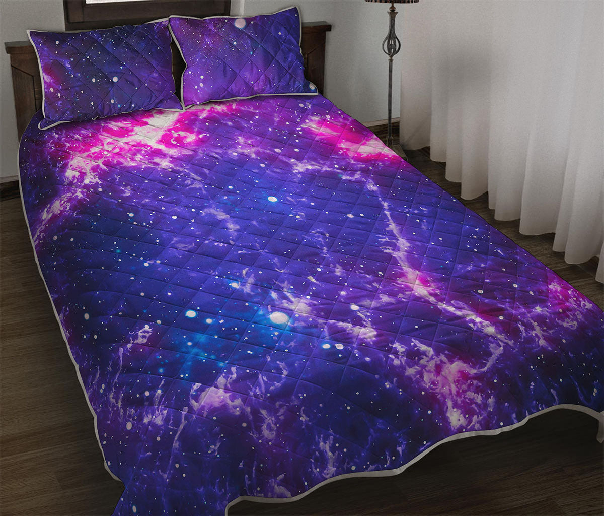Dark Purple Universe Galaxy Space Print Quilt Bed Set