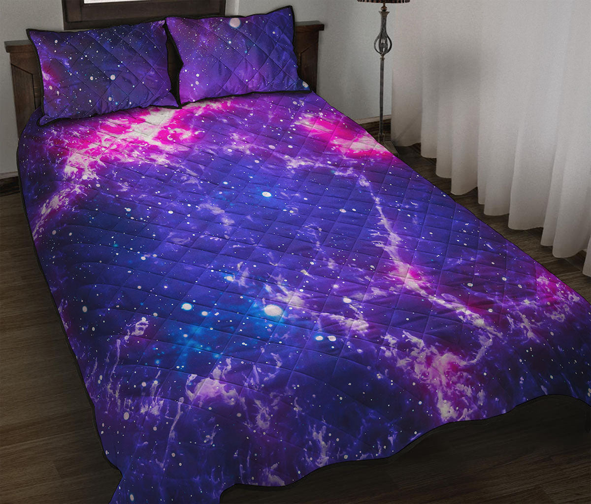 Dark Purple Universe Galaxy Space Print Quilt Bed Set