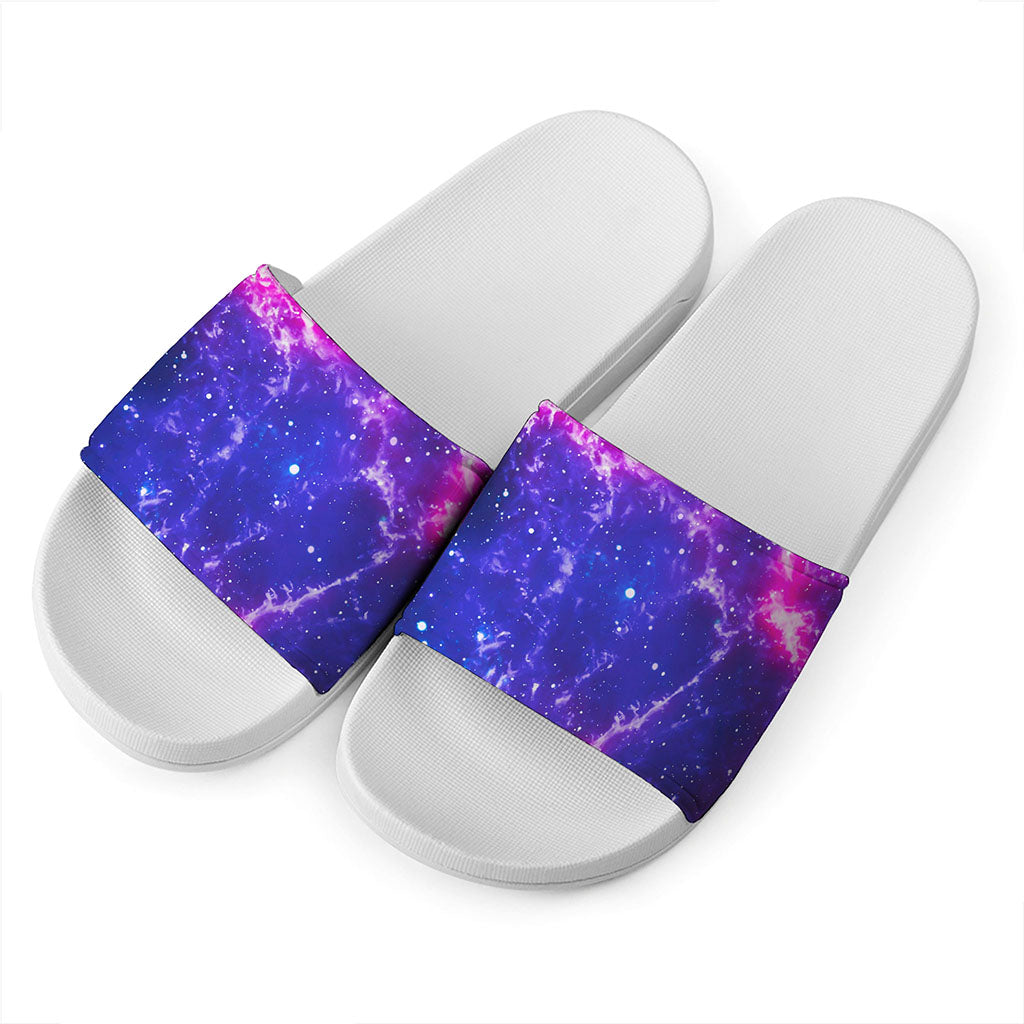 Dark Purple Universe Galaxy Space Print White Slide Sandals
