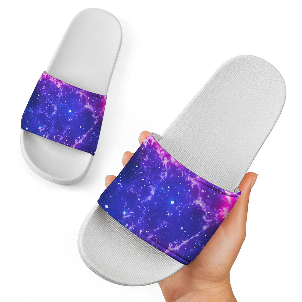 Dark Purple Universe Galaxy Space Print White Slide Sandals