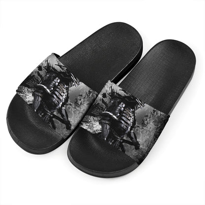 Dark Samurai Warrior Print Black Slide Sandals