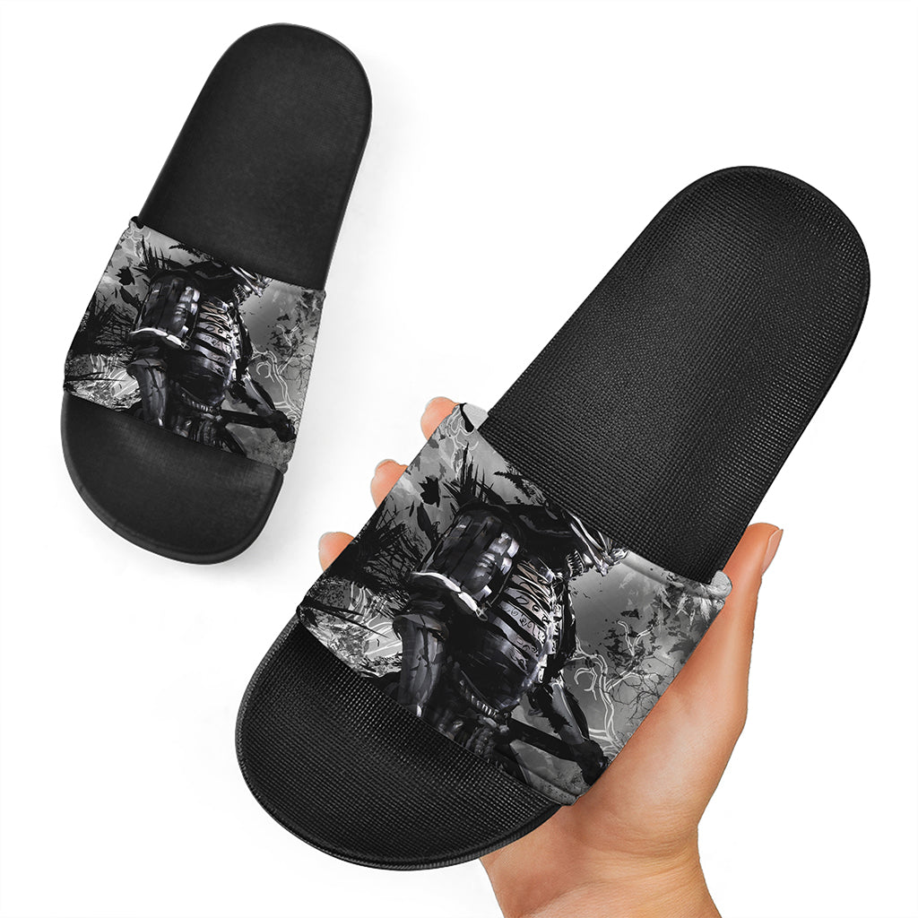 Dark Samurai Warrior Print Black Slide Sandals