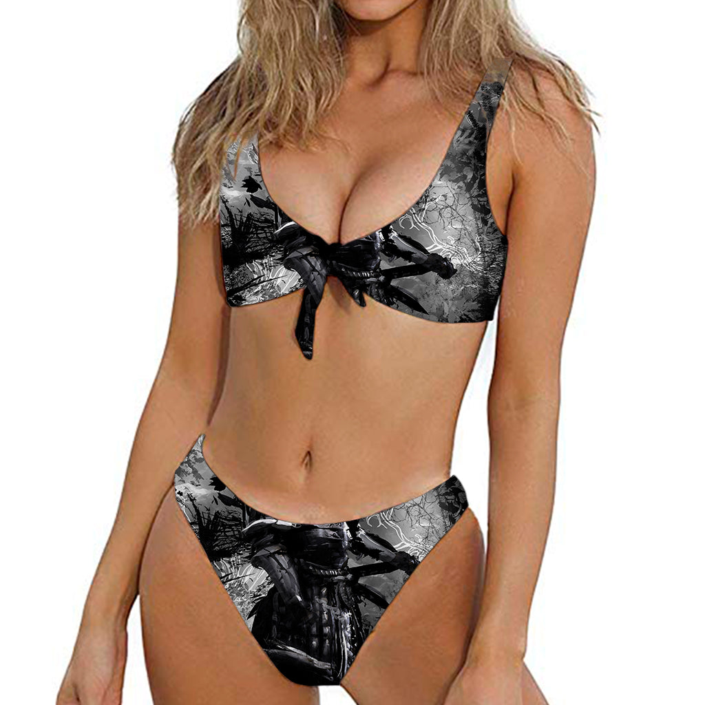 Dark Samurai Warrior Print Front Bow Tie Bikini