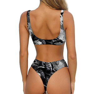 Dark Samurai Warrior Print Front Bow Tie Bikini