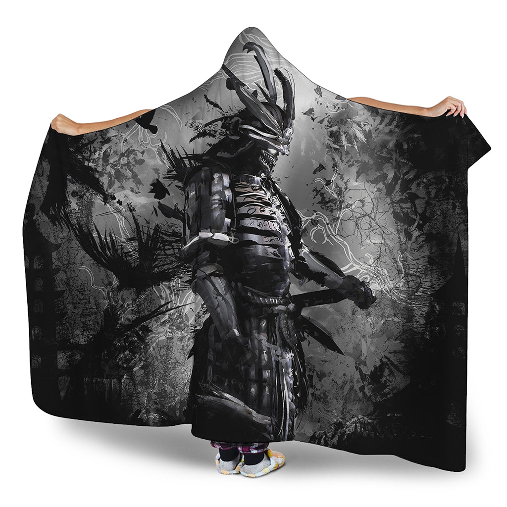 Dark Samurai Warrior Print Hooded Blanket