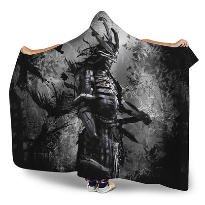 Dark Samurai Warrior Print Hooded Blanket