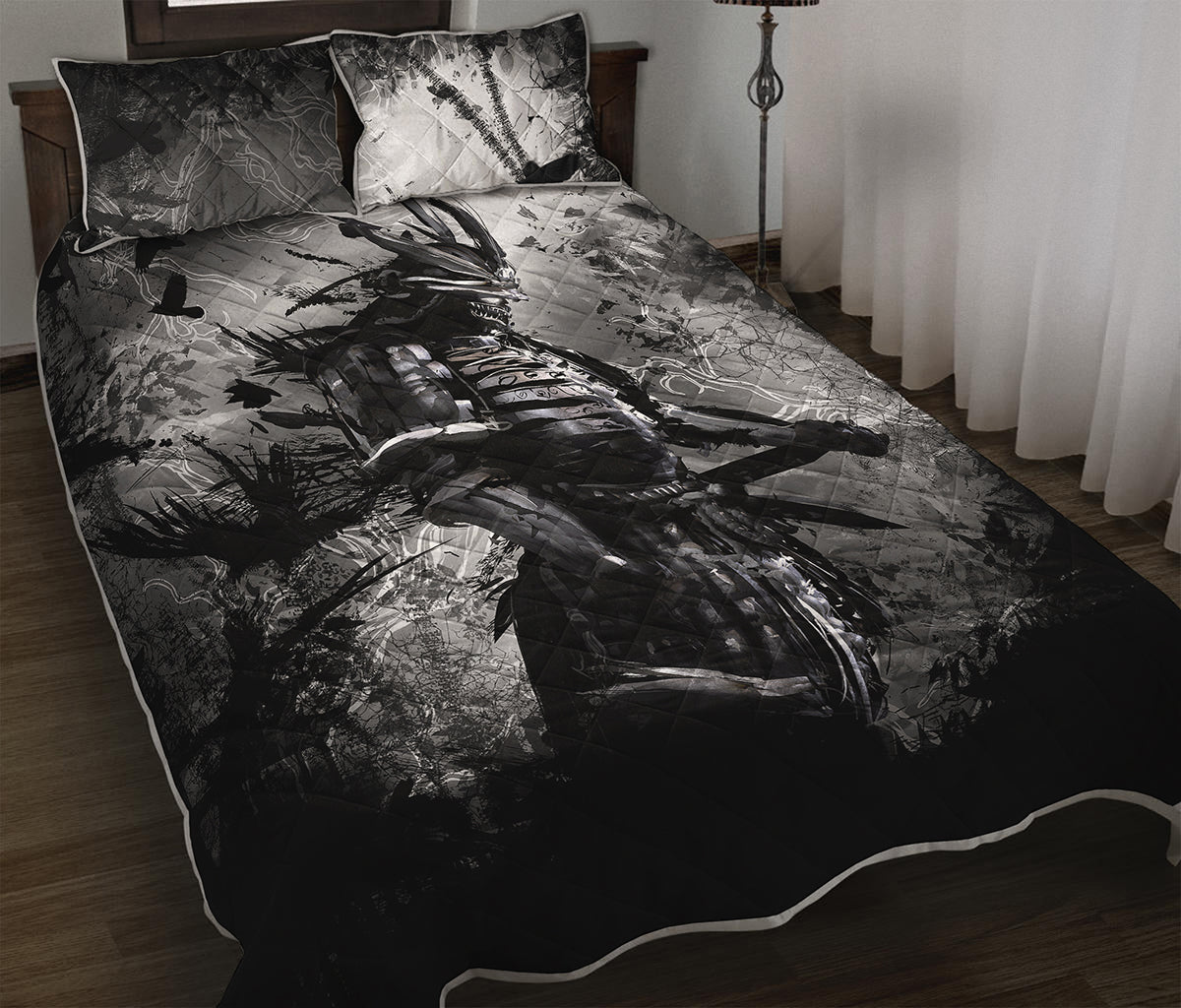 Dark Samurai Warrior Print Quilt Bed Set