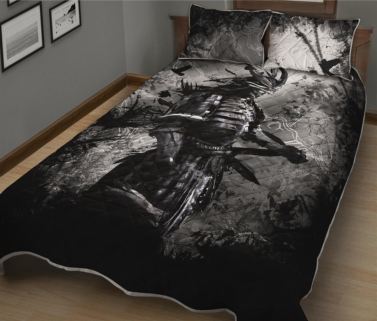 Dark Samurai Warrior Print Quilt Bed Set