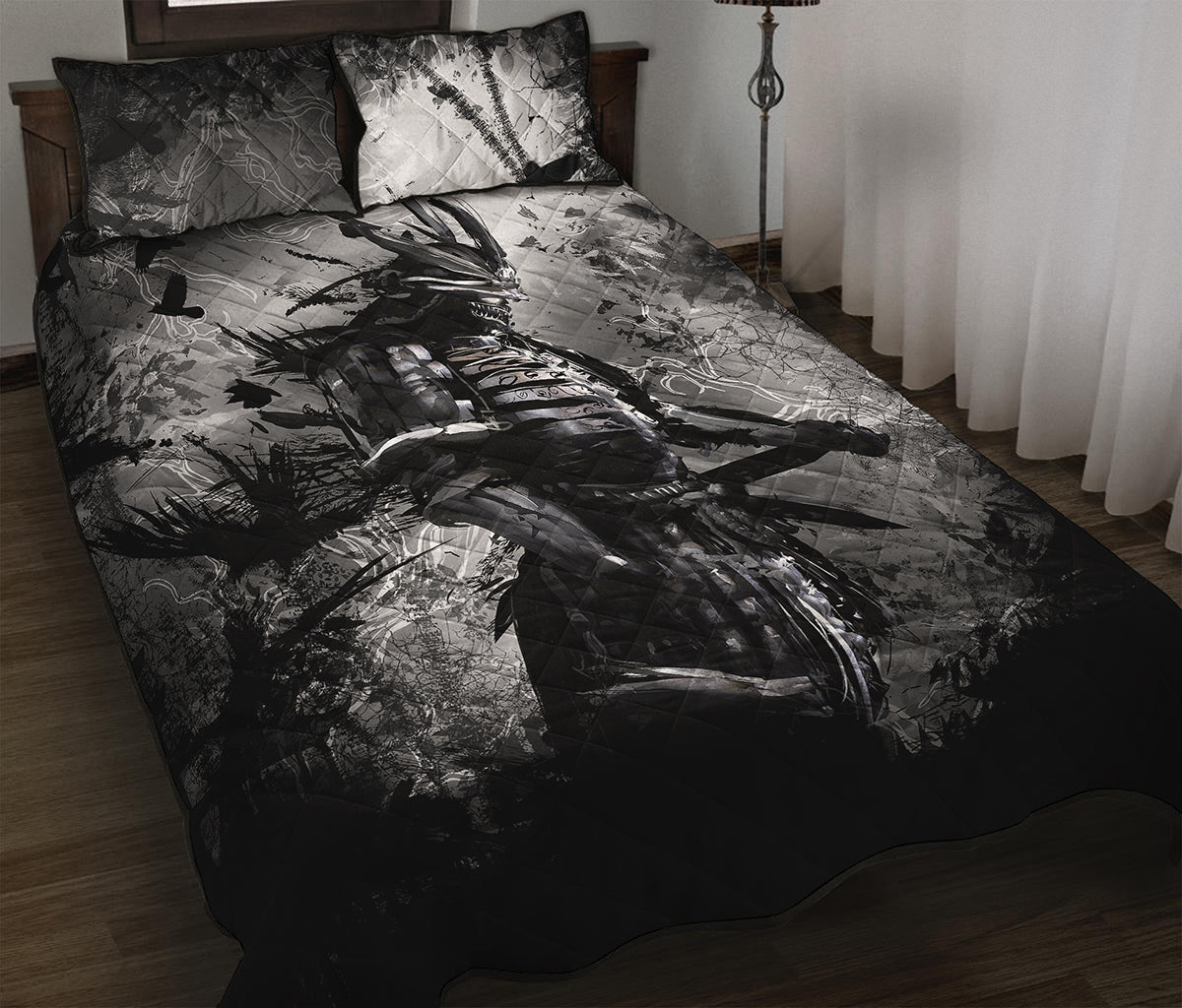 Dark Samurai Warrior Print Quilt Bed Set