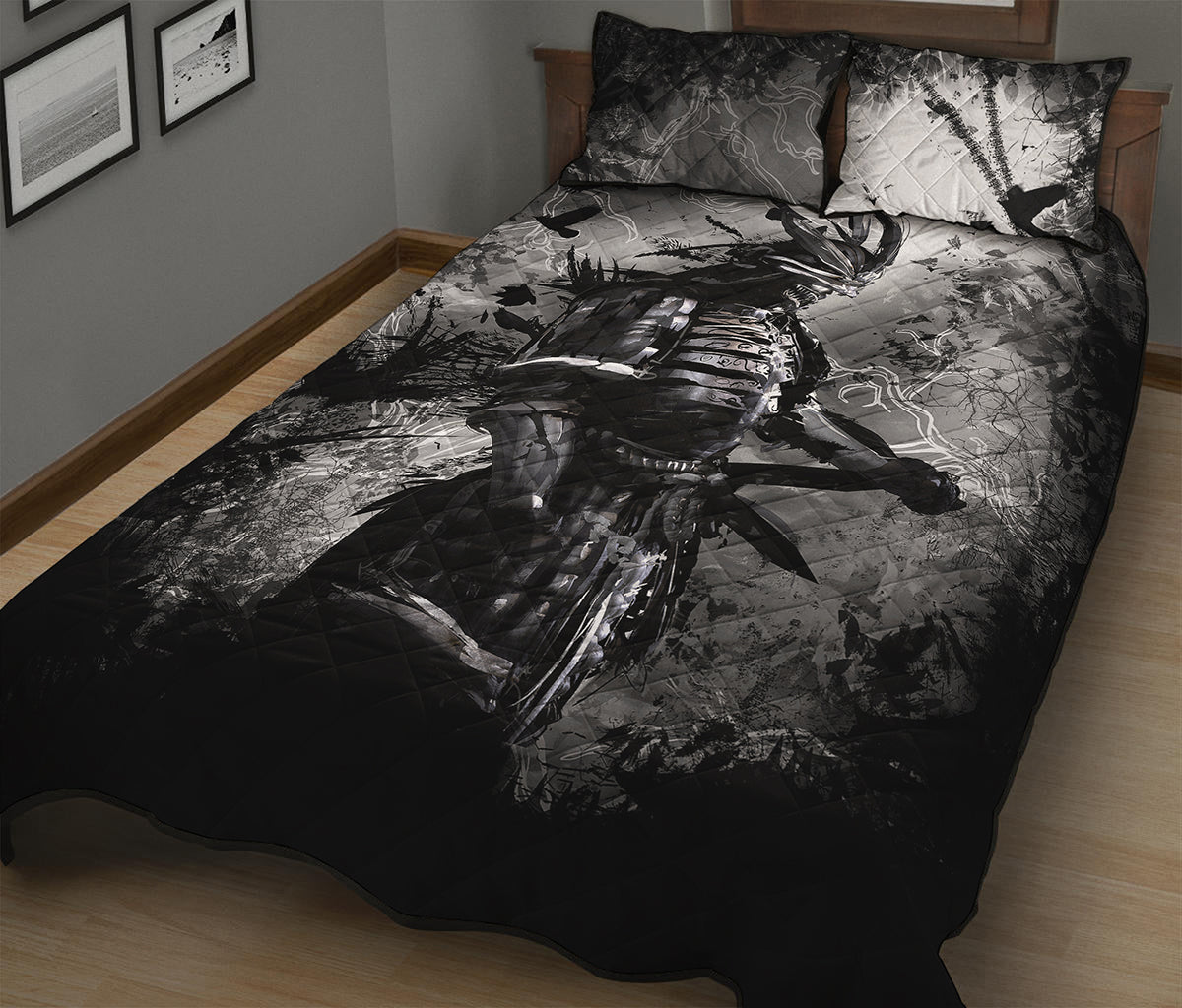Dark Samurai Warrior Print Quilt Bed Set