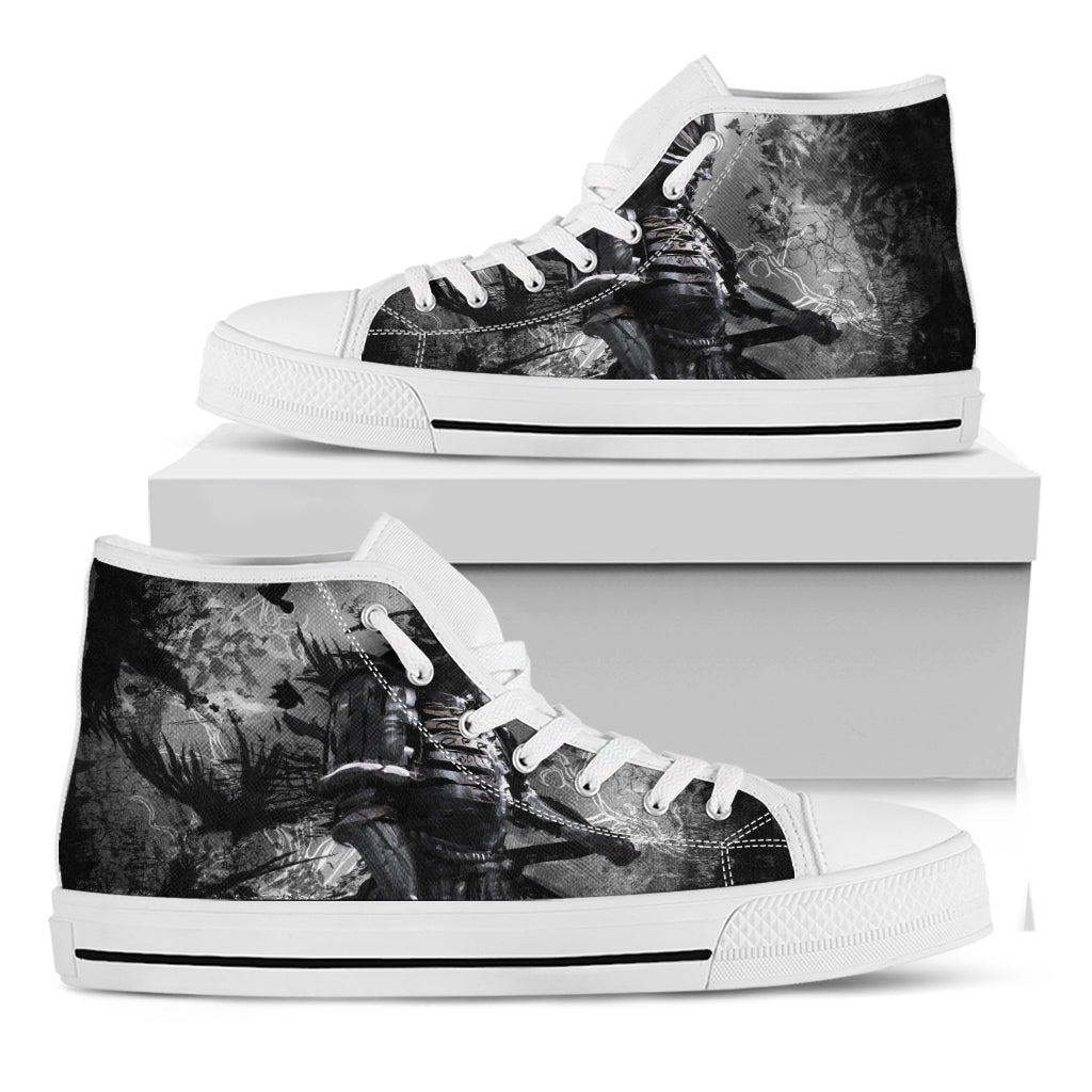 Dark Samurai Warrior Print White High Top Shoes