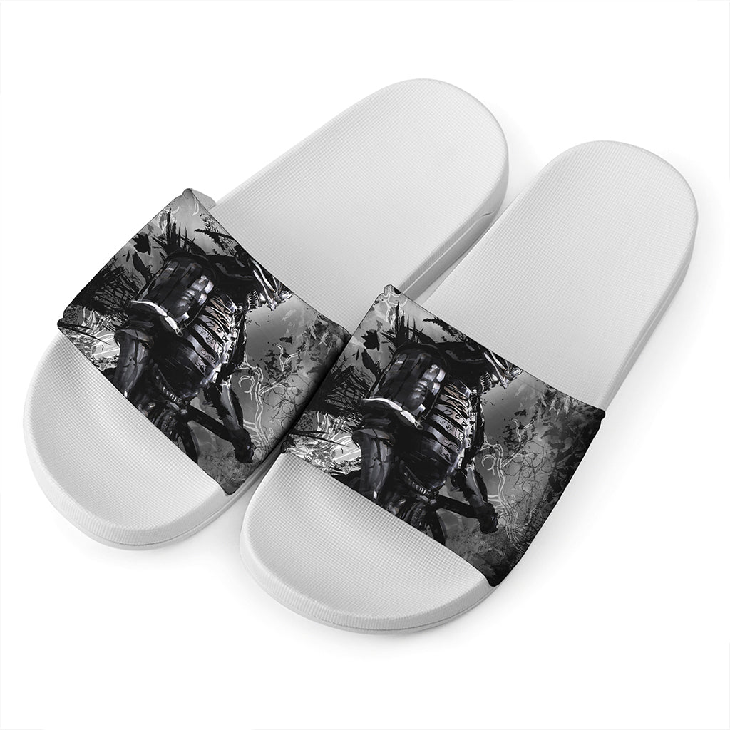 Dark Samurai Warrior Print White Slide Sandals