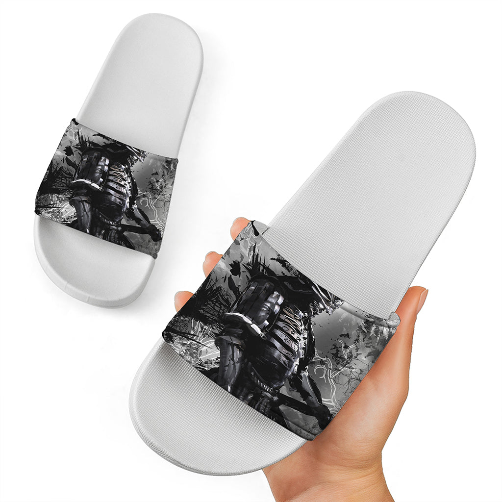 Dark Samurai Warrior Print White Slide Sandals