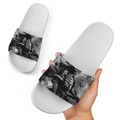 Dark Samurai Warrior Print White Slide Sandals