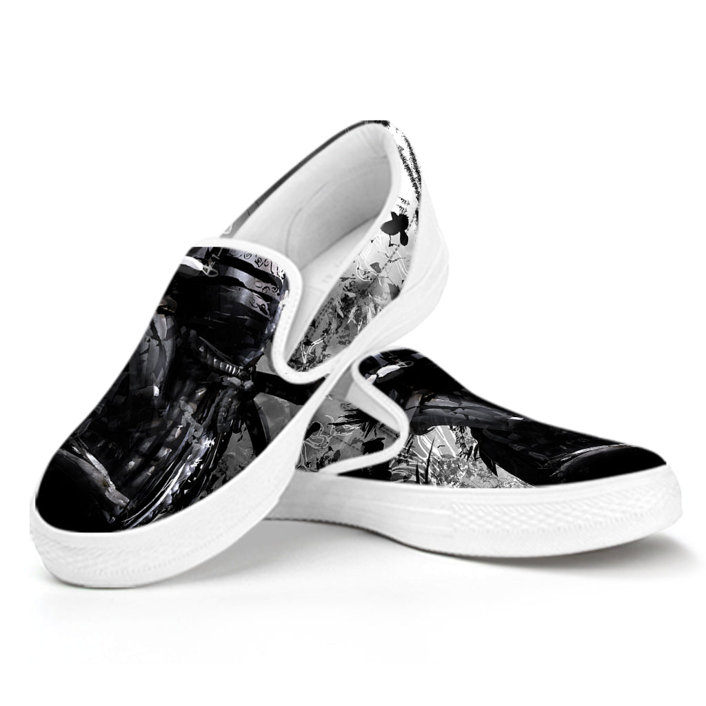 Dark Samurai Warrior Print White Slip On Shoes