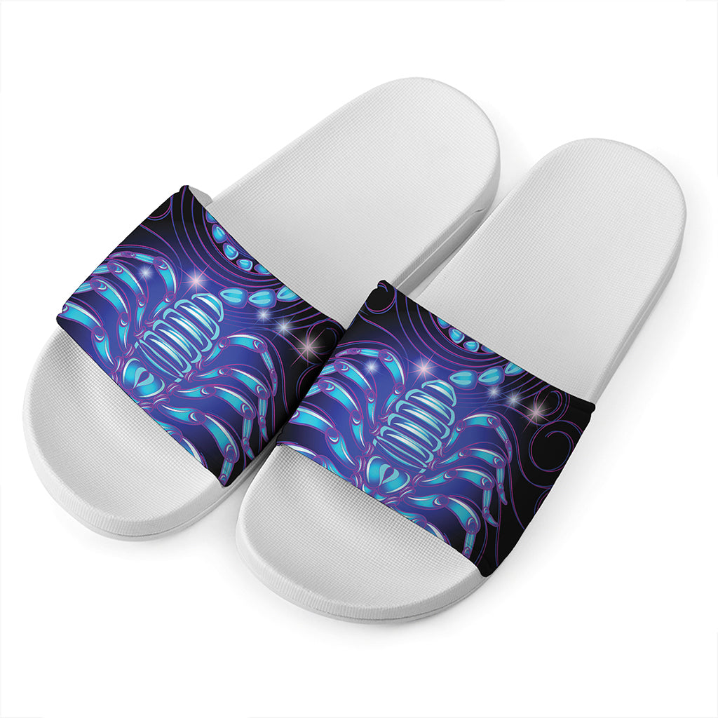 Dark Scorpio Zodiac Sign Print White Slide Sandals