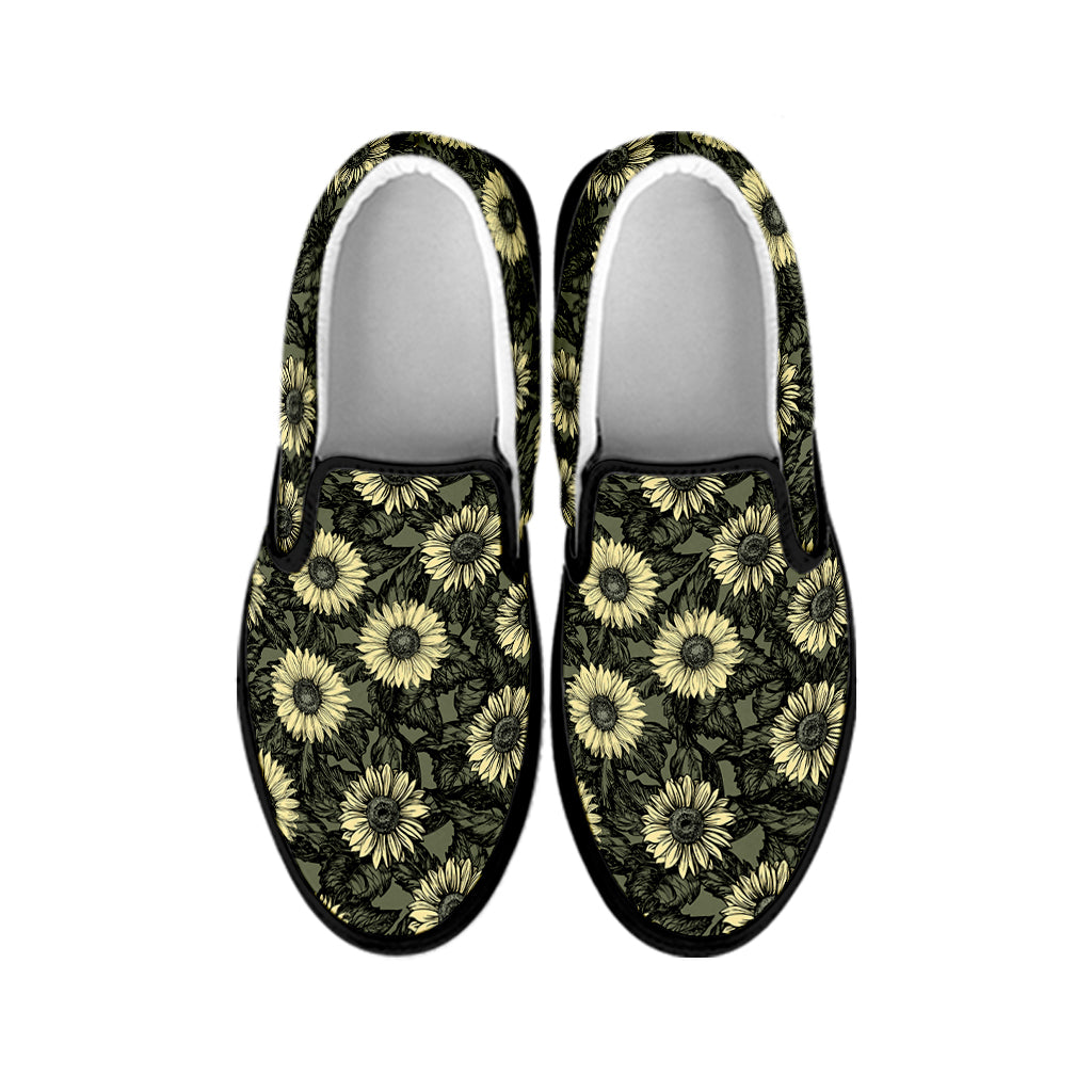 Dark Sunflower Pattern Print Black Slip On Shoes