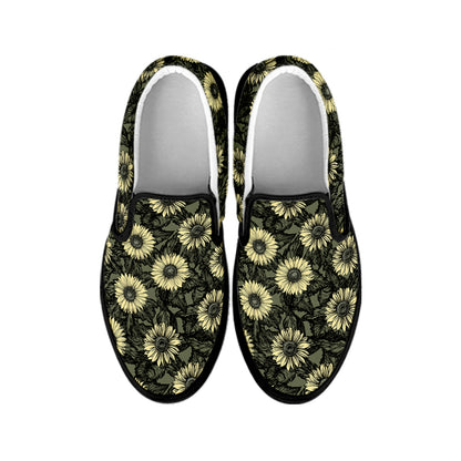 Dark Sunflower Pattern Print Black Slip On Shoes