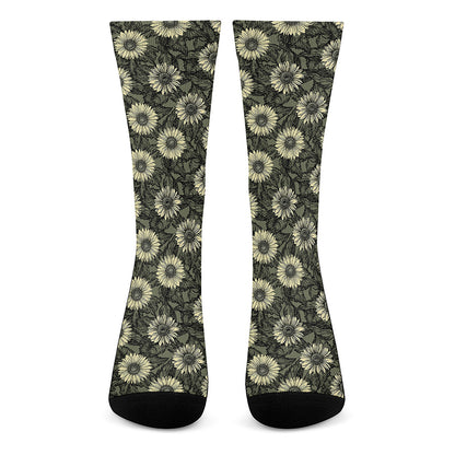 Dark Sunflower Pattern Print Crew Socks