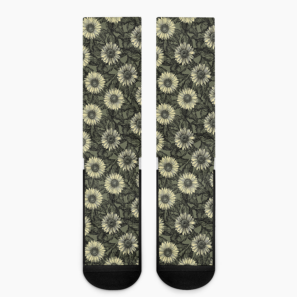 Dark Sunflower Pattern Print Crew Socks