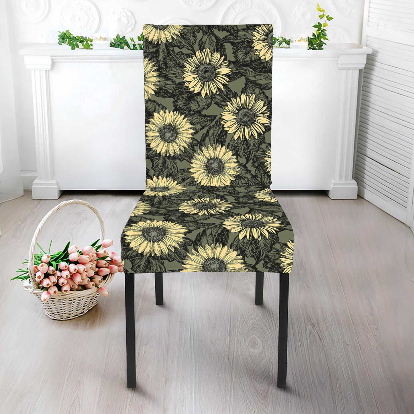 Dark Sunflower Pattern Print Dining Chair Slipcover