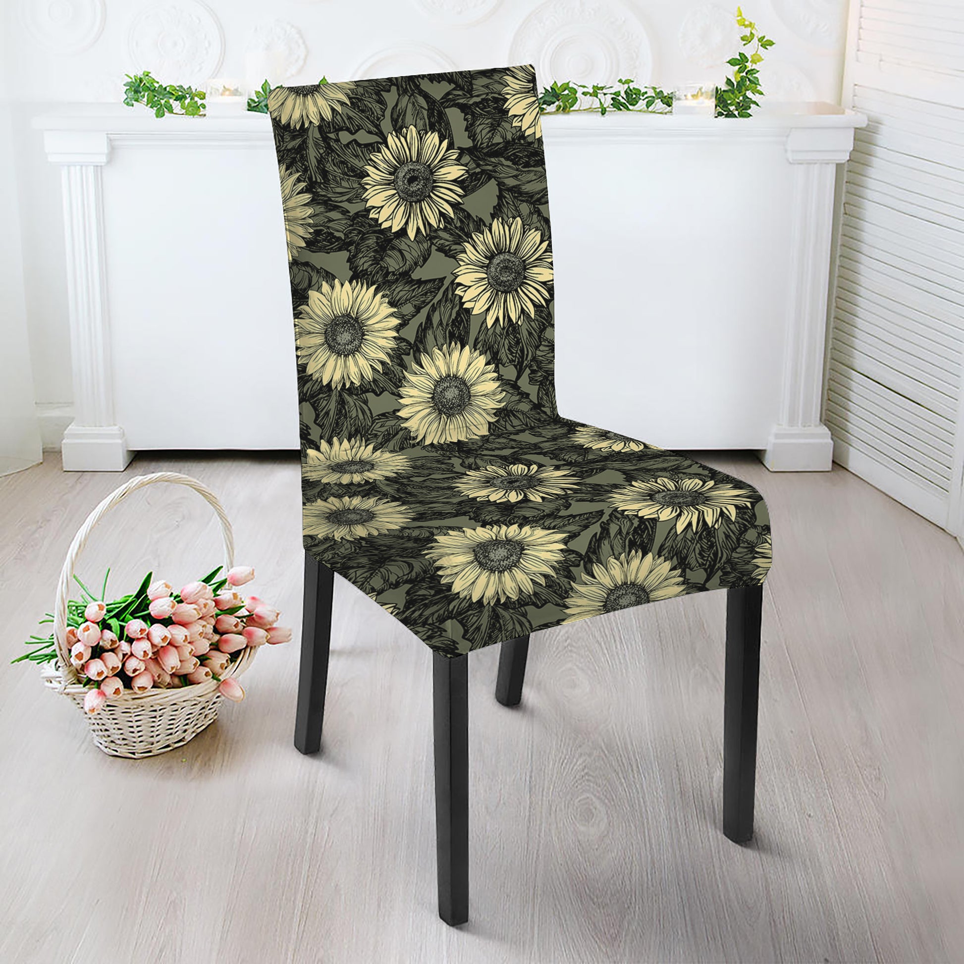 Dark Sunflower Pattern Print Dining Chair Slipcover