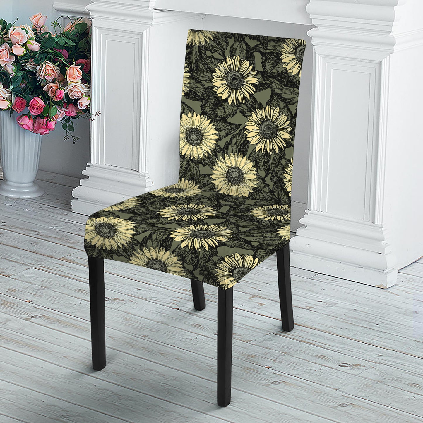 Dark Sunflower Pattern Print Dining Chair Slipcover