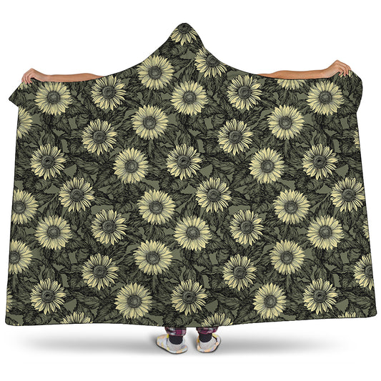 Dark Sunflower Pattern Print Hooded Blanket